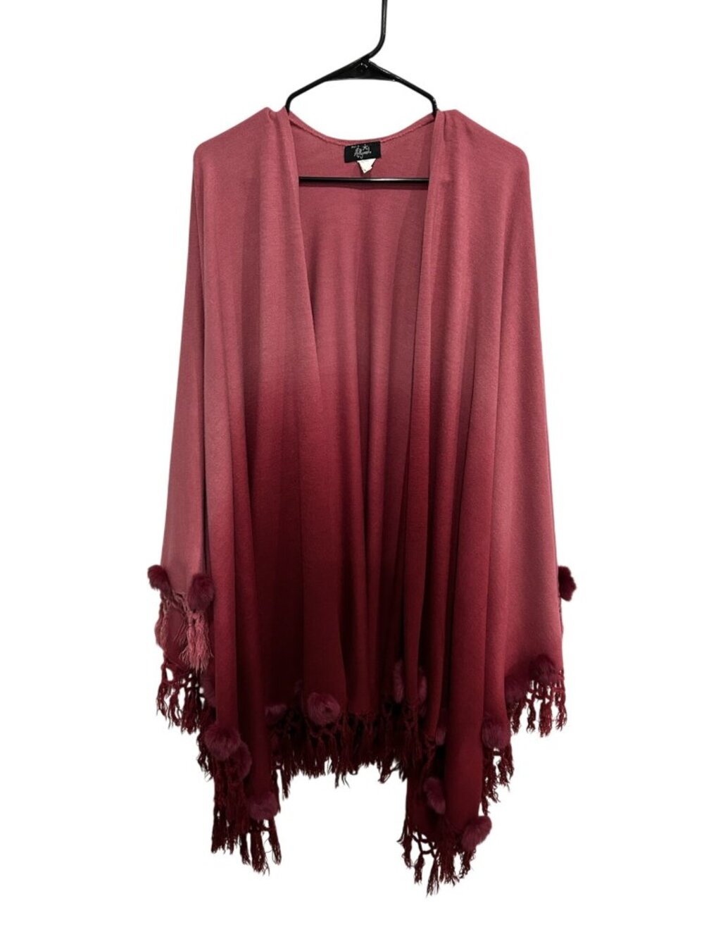Hot In Hollywood Burgundy Pom Pom Accents Missy Fringed Shawl Wrap Boho Chic